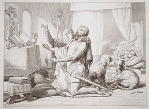 Wie Torfrida Hereward das Beten lehrt, Illustration aus Hereward the Great von Charles Kingsley, graviert von C.G. Lewis