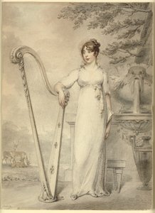 Ganzkörperporträt von Miss V. Dupuis, die ihren Arm auf eine Harfe stützt. Im Hintergrund ein Brunnen und eine Landschaft mit Hirschen von Henry Edridge