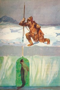 Eskimo, der im Begriff ist, eine Robbe durch ihr Atemloch zu speeren, ca. 1927, 1928 von Henry Evison