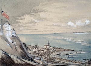 Fort und Dorf Mackinaw mit dem Indianerlager, September 1842 von Henry Francis Ainslie