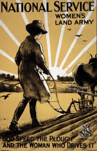Erster Weltkrieg: „Eine junge Frau pflügt das Land“ Propagandaposter für die Frauenlandarmee 1917 Illustration von Henry George Gawthorn (1879-1941)