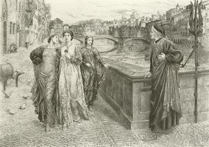 Das erste Treffen von Dante und Beatrice (Gravur)