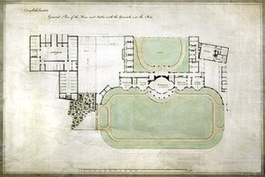 Brighthelmstone oder Brighton Pavilion - Gesamtplan des Hauses und der Ställe mit Grundstücken, Erweiterung durch Architekt Henry Holland (1745-1806), ca. 1801