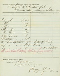 Rechnung für medizinische und Krankenhausvorräte, unterzeichnet von Henry Johnson, 30. August 1864