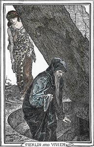Darstellung von Merlin dem Zauberer und Fee Viviane (Illustration von Henry Justice Ford aus „Das Buch der Romantik“ 1902)