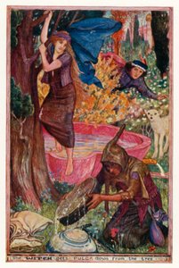 Die Hexe holt Pulga vom Baum herunter (Farblithografie)
