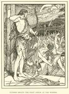 Odysseus schießt den ersten Pfeil auf die Freier