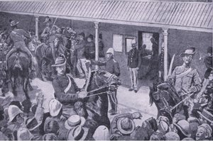 Koloniale Verstärkungen für Südafrika: Ein Ansturm von Bewerbern für die Einschreibung in Sydney, aus After Pretoria: Der Guerillakrieg veröffentlicht von Harmsworth Bros Limited, 1901