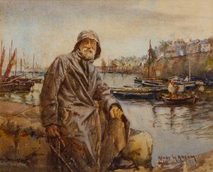 Fischer auf der Newlyn Hafenmauer, 1920