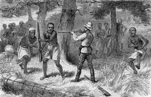 Einheimische rebellieren entlang des Gombe-Flusses, Tansania, Kupferstich aus Wie ich Livingstone fand: Reisen, Abenteuer und Entdeckungen in Zentralafrika, von Henry Morton Stanley, Sampson Low, Marston, Low und Searle Ausgabe, London
