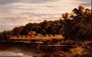 Erntearbeiter auf einem Feld an einem Fluss von Henry Parker