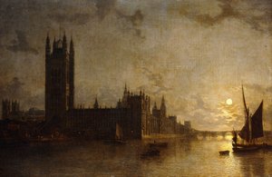 Westminster Abbey, die Houses of Parliament mit dem Bau der Westminster Bridge, 1859 von Henry Pether