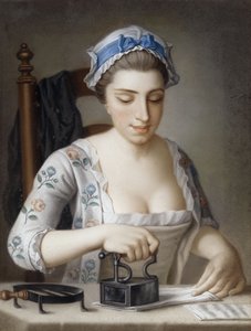 Ein Dienstmädchen bügelt von Henry Robert Morland