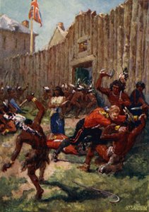 Ojibwe-Indianer überraschen die Briten am Fort Michilimackinac, 1763