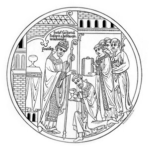 Hedda von Winchester weiht St. Guthlac, spätes 12. Jahrhundert, 1843