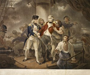 Kapitän Trollope in der Glatton mit 54 Carronaden im Gefecht mit einem französischen Geschwader von 8 Kriegsschiffen mit 230 Kanonen, graviert von James Daniell, 1797 von Henry Singleton