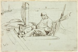 Mann sitzt in einem Segelboot von Henry Stacy Marks