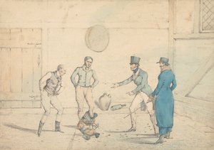 Ein von vier Männern in einem Nebengebäude beobachteter Hahnenkampf: Der Kampf, gestochen als Tafel 39 in "The National Sports of Great Britain"