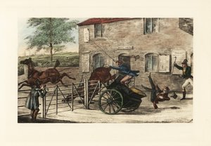 Englische Herren in einer zweispännigen Kutsche, die versuchen, ein Mauttor zu überspringen von Henry Thomas Alken