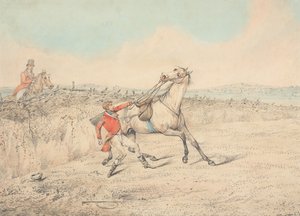 Reiter, der sich nach einem Sturz an einem grauen Pferd festhält