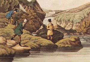 Lachsangeln, aquatintiert von I. Clark, verlegt von Thomas McLean, 1820