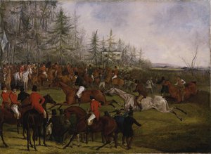 Das große Leicestershire-Steeplechase, 12. März 1829: Der Zielpfosten und Billesdon Coplow von Henry Thomas Alken
