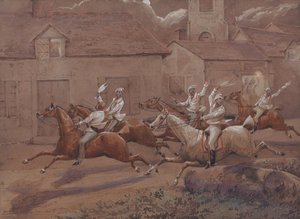 Die Nachtfahrer von Nacton: Das Ziel. Nacton Kirche und Dorf von Henry Thomas Alken