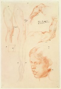 Anotierte Demonstration: Zeichnungen und eine Studie eines Mädchens (Bleistift und Kreide auf Papier)
