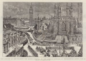 Das Jubiläum Ihrer Majestät der Königin, Ankunft der Kutsche der Königin an der Westminster Abbey, 21. Juni