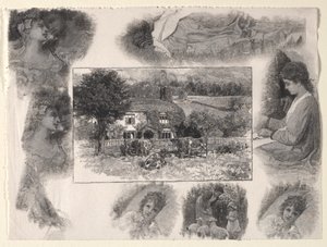 Landschaft mit Hütte und Kühen umgeben von verschiedenen Skizzen von Henry Wolf