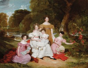 Gruppenporträt der Familie Ward Hunt in einer Landschaft vor einem Fluss von Henry Wyatt