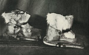 Finnesko mit den oben gezeigten Skischuhen ausgestattet, ca. 1910-1913, 1913