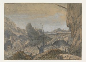 Felsige Landschaft mit einem nach rechts gehenden Mann (erste Version)