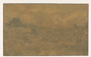 Tal mit einem Fluss und einer Stadt mit vier Türmen