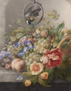 Blumenstillleben, Früchte, eine Kohlmeise und eine Maus von Herman Henstenburgh