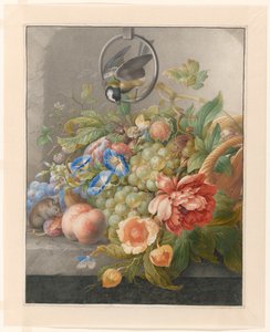Stillleben mit Blumen, Früchten, einer Kohlmeise und einer Maus