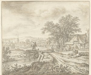 Hügellandschaft mit einem Bauernhof bei einer Brücke