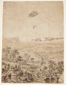 Panoramische Landschaft mit Bauern, Fischern und einer Dorfkirche