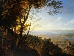 Waldlandschaft mit Bauern bei einer Hütte