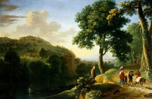 Eine italienische Landschaft mit Reisenden und einem Esel, ca. 1640