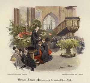 Konfirmationsgottesdienst in einer evangelischen Kirche (farbige Gravur)