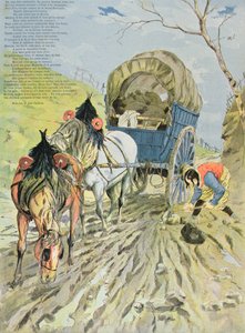 Der Wagen steckt im Schlamm fest, aus Fabeln von Jean de La Fontaine, 1888 von Hermann Vogel