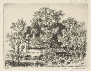 Flusslandschaft mit einem Boot und Enten