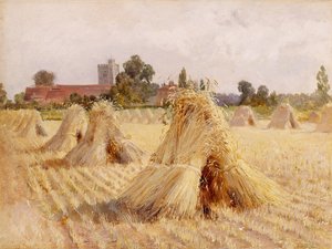Getreidegarben bei der Kirche von Bray, 1872 von Heywood Hardy