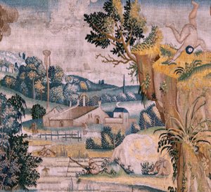 Flandrischer Wandteppich. Serie Vier Wandteppiche nach Hieronymus Bosch. Der heilige Antonius im Gebet. Zweiter Wandteppich in der Serie. Modell inspiriert von der Arbeit von Hieronymus Bosch. Herstellung unbekannte Werkstatt, Brüssel. Vor 1560. von Hieronymus (after) Bosch