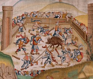 Serie Vier Wandteppiche nach Hieronymus Bosch. Heiliger Martin. Erster Wandteppich der Serie. Modell inspiriert von Hieronymus Bosch. Unbekannte Werkstatt, Brüssel. Vor 1560. von Hieronymus (after) Bosch