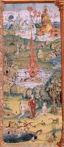 Flämischer Wandteppich. Serie Vier Wandteppiche nach Hieronymus Bosch. Der Garten der Lüste (Jardín de las Delicias). Vierter Wandteppich in der Serie. Modell Inspiriert von der Arbeit von Hieronymus Bosch. Herstellung Unbekannte Werkstatt, Brüssel. Vor 15