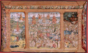 Flämischer Wandteppich. Serie Vier Wandteppiche nach Hieronymus Bosch. Der Garten der Lüste (Jardín de las Delicias). Vierter Wandteppich in der Serie. Modell Inspiriert von der Arbeit von Hieronymus Bosch. Herstellung Unbekannte Werkstatt, Brüssel. Vor 15
