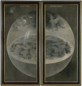 Die Erschaffung der Welt, Darstellung der kosmischen Sphäre der Erde (Bulle). Rückseite der Flügel des Triptychons "Der Garten der Lüste"