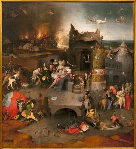 Triptychon der Versuchungen - Zentraler Teil: Die Versuchung des heiligen Antonius des Großen. Gemälde von Hieronymus Bosch (1450-1516), Öl auf Holz, um 1500